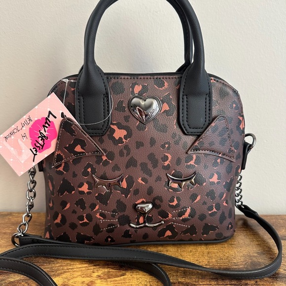 Betsey Johnson Handbags - New Betsey Johnson Leopard Brown Satchel Crossbody Handbag Cat Face Black